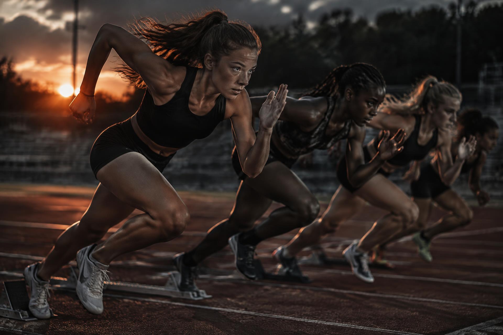 Teenage girls sprinting and training together